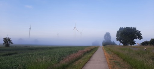 Bike path between a field and ditch. Fog in the distance is thick enough to completely obscure the base of several wind turbines, but their blades are clearly visible.