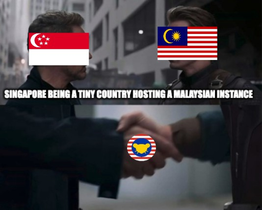 Ironman "Singapore" shakes hand of Captain America "Malayasia" "Singapore being a tiny country hosting a Malaysian instance" forming "monyet.cc"