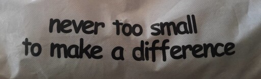 Picture of a white bag, with the text: "never too small to make a difference"