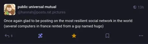@hannah@posts.rat.pictures on Mastodon: "Once again glad to be posting on the most resilient social network in the world (several computers in france rented from a guy named hugo)"