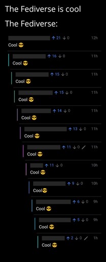 A meme showing a comment thread on Lemmy where every comment is just "Cool" with a sunglasses emoji. Text above: The Fediverse is cool, The Fediverse: