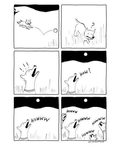 A dog is chasing a ball which bounces into tall grass. It looks up in alarm and sees the moon, mistaking it for the ball, and going "How?" followed by a "Howww" howl, and several other dogs join in "Howwww"