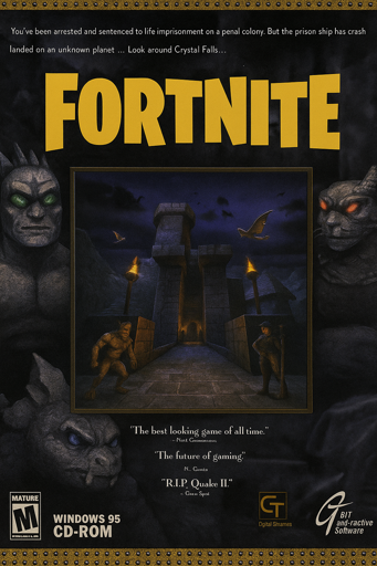Spoof of the original Unreal box art, but saying Fortnite instead.